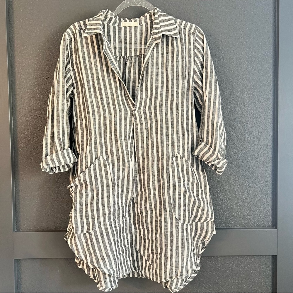 CP SHADES • gray white striped tunic top linen • XS